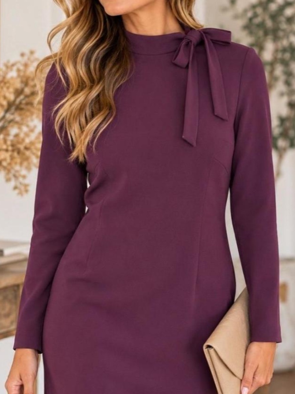 Calvin Klein Plum Long-Sleeve Bow-Neck Dress